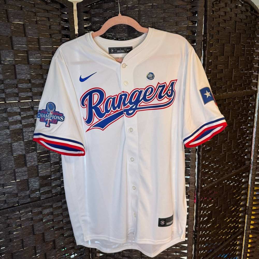 Nike White Texas Rangers Jersey with Red & Blue Accents